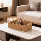 Set of 2 Paper Rope Scalloped Edge Decor Baskets, Small Storage Basket and Toilet Paper Basket for Toilet Paper Storage, Bathroom, Living room, Bedroom & More, 2 Wooden Handles, Neutral