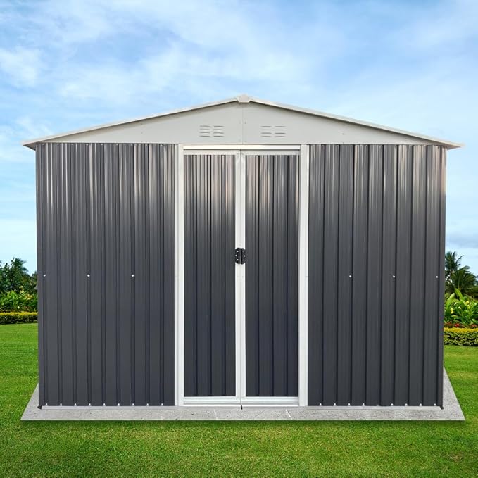 Heavy-Duty Outdoor Garden Shed with Aluminum Alloy Frame, Hinged Door, and Stable Foundation for Secure Storage (10x8 Feet Grey with 4 Transparent Window)
