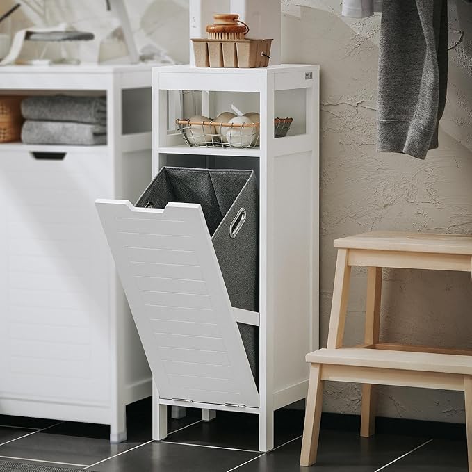 Haotian Small Tilt-Out Laundry Hamper Cabinet, Skinny Bathroom Storage Cabinet for Clothes Organization with Hidden Basket & Shelf, White BZR122-W