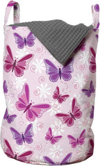 Ambesonne Butterfly Laundry Bag Pack of 2, Various Flying Butterflies Colors Hippie Style Print Design, Hamper Basket with Handles Drawstring Closure, 13" x 19", Purple Pink