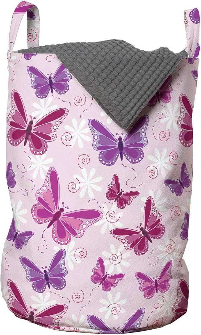 Ambesonne Butterfly Laundry Bag Pack of 2, Various Flying Butterflies Colors Hippie Style Print Design, Hamper Basket with Handles Drawstring Closure, 13" x 19", Purple Pink