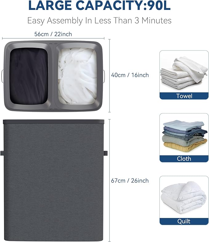 Dual Section 90 liter/23.8 gallon Laundry Hamper Separation Basket with lid, 2 Removable Washing Bags with Handles,Large Laundry Sorter for Easy Clothes Separation - Dark Gray