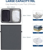 Dual Section 90 liter/23.8 gallon Laundry Hamper Separation Basket with lid, 2 Removable Washing Bags with Handles,Large Laundry Sorter for Easy Clothes Separation - Dark Gray