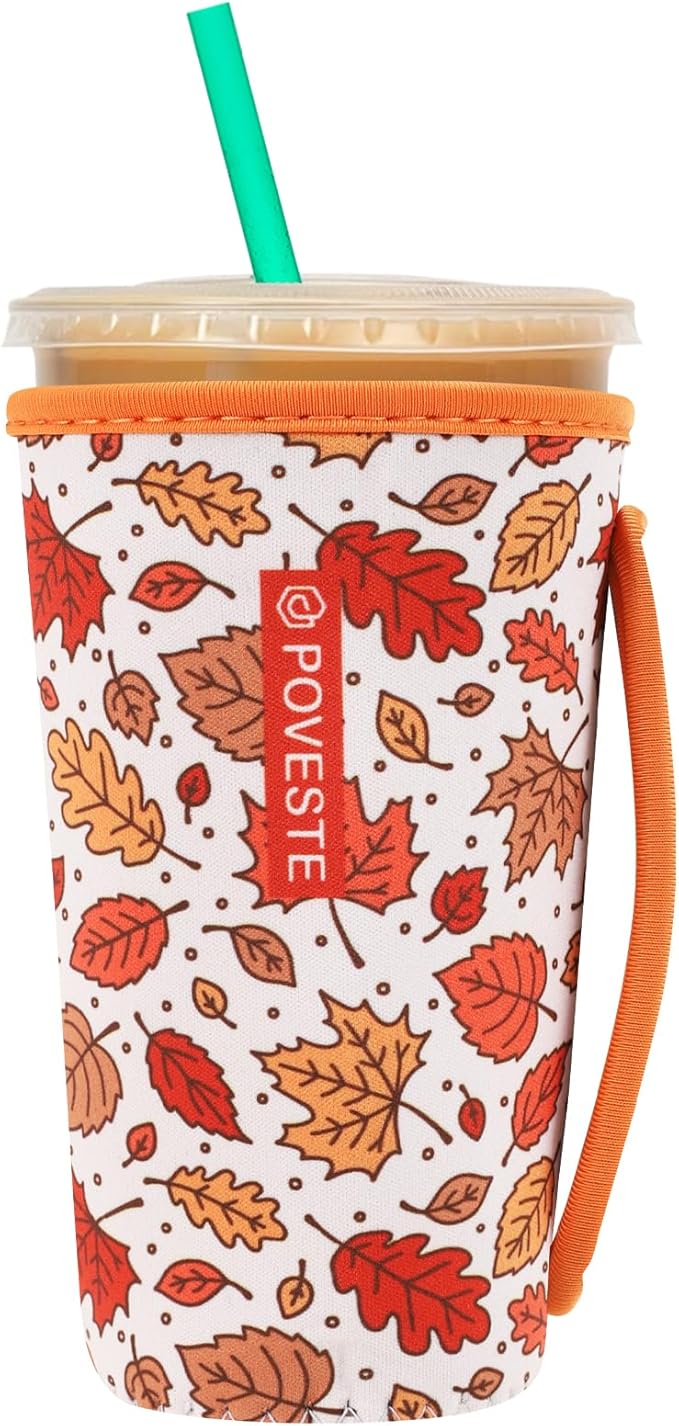 Reusable Neoprene Insulator Sleeve for Iced Coffee & Cold Soda, Coffee Sleeves for Iced & Hot Drinks, Cold Beverage Cooler Compatible with Starbucks, Dunkin (Fall Leave, Large: 32oz)