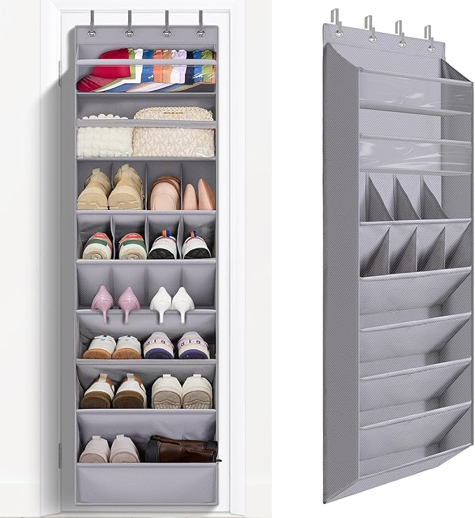 FENTEC 1 Pack Over The Door Shoe Organizer,68" Exlarge Deep Pockets Hanging Shoe Organizers, 8 Shelves Shoe Rack for Closet, Shoe Holder for Boots,Over Door Organizer in Home, RV, Dorm, Grey