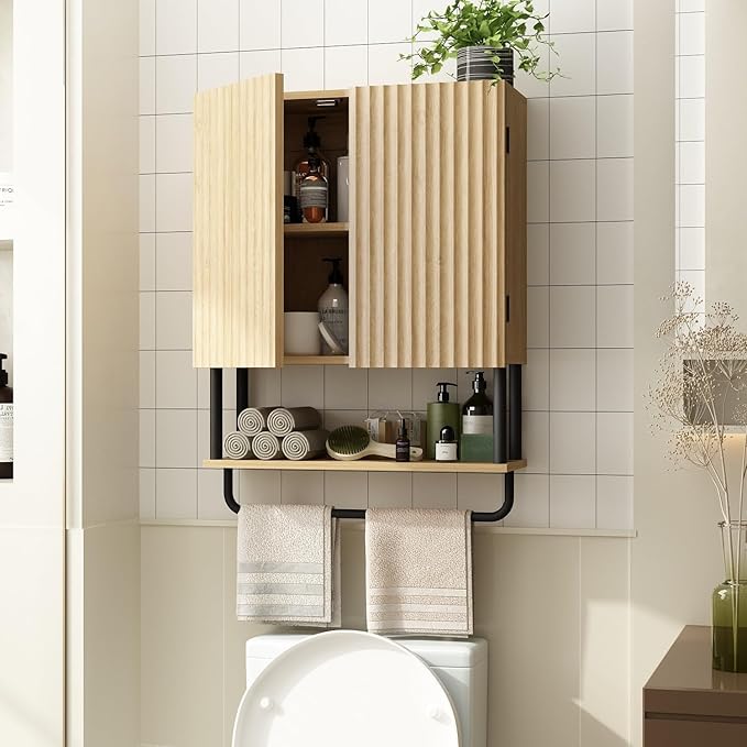 RUSTOWN Fluted Bathroom Wall Cabinet with 2 Doors, 3-Tier Modern Farmhouse Medicine Cabinet, Over The Toilet Storage Cabinet with Adjustable Shelf and Towel Bar (Natural, Medium)