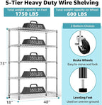 5-Shelf Storage Shelves,Wire Shelving Heavy Duty Metal Storage Shelving Unit Adjustable Garage Shelving Rack Pantry Kitchen (Chrome, 5 Tier,17.7" D x 47.2" W x 76.7" H)