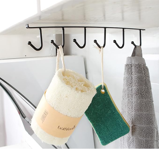 1 Pack Hanging Hooks Rack Under Cupboard Cabinet Cup Holder 6 Hooks Drilling Free Coffee Mug Holder Kitchen Utensil Storage Organizer Hook Rack (Black)