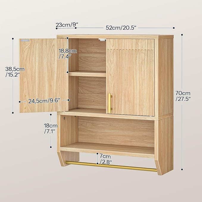 HOOBRO Fluted Medicine Cabinet, Farmhouse Bathroom Wall Cabinet with Towel Rack and Adjustable Shelf, Fluted Wall-Mounted Storage Organizer, for Bathroom, Kitchen, Natural