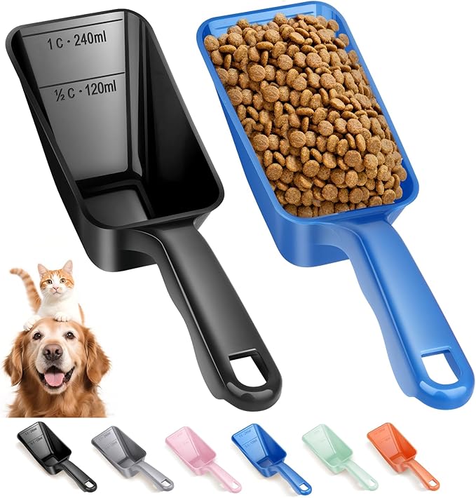 2-Pack Dog Food Scoop 1 Cup, Plastic Pet Food Measuring Scoop With Measuring Lines (1/2 & 1 Cup Markings) for Dogs, Cats, Fish, Bird（Black and Blue)