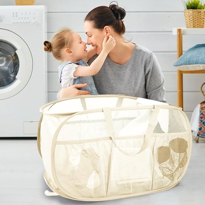 Collapsible Laundry Baskets, Upgrade Pop Up Laundry Hamper with Convenient Bags, Foldable Laundry Basket Mesh Light Weight, Easy to Carry Clothes Hampers for Laundry, Dorm, Toys, Travel Beige