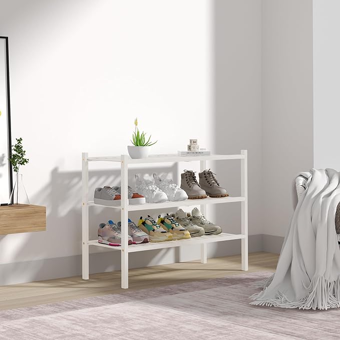 3 Tier Bamboo Shoe Rack for Closet Free Standing Wood Shoe Shelf Storage Organizer for Entryway Small Space Stackable 27"x11"x20" (White)