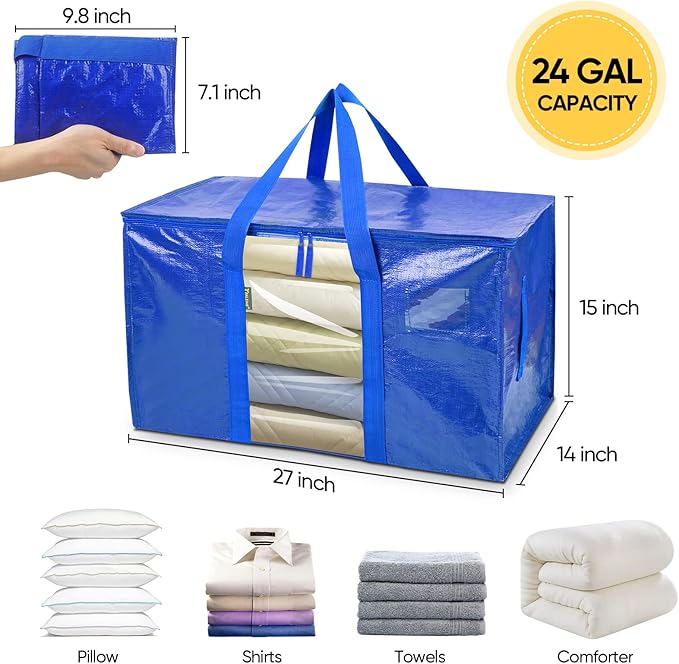 BALEINE 2-Pack Oversized Moving Bags with Reinforced Handles, Heavy-Duty Storage Tote Moving Supplies for Packaging, Camping (Blue w/Window, 2-Pack)