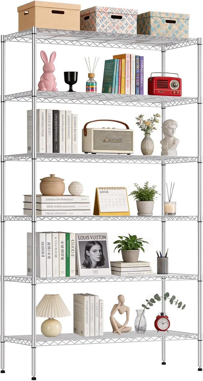 BestOffice | 6-Tier Wire Storage Shelves with Wheels | 18x45x82 | Chrome | Adjustable Racks | Heavy-Duty Metal Shelf, Holds Upto 2100 lbs | No-Tool Assembly | Ideal for Home & Garage Shelving