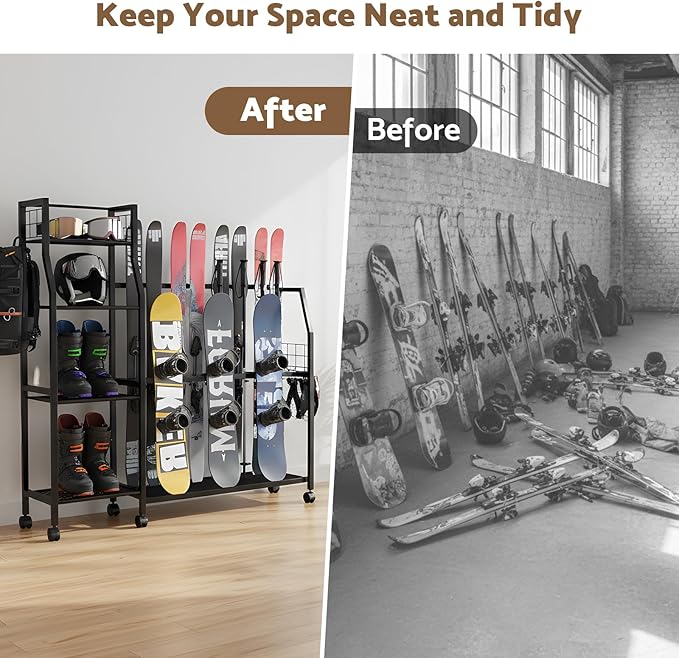 4-Tier Freestanding Snowboard Rack for 4 Pairs of Skis, 3 Snowboards, Boots, Poles, Goggles, Helmets, Ski Storage Rack with Adjustable Shelves, Snowboard Stand for Home, Garage