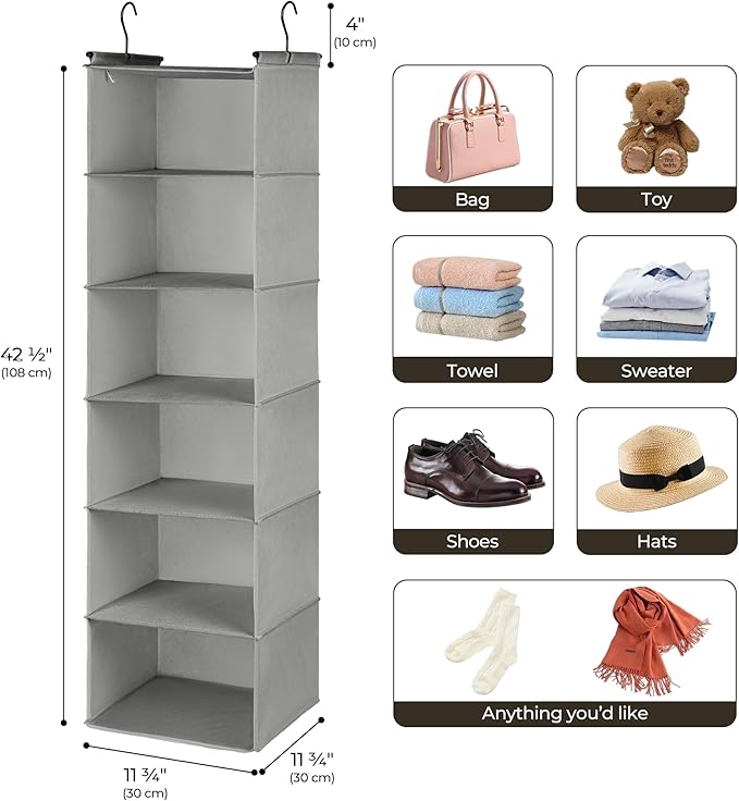 GRANNY SAYS 6 Shelf Hanging Closet Organizers and Storage, Collapsible Closet Hanging Organizer with 2 Sturdy Hooks, Large Hanging Shelves for Kids Baby Clothing Organizer, Ash Gray