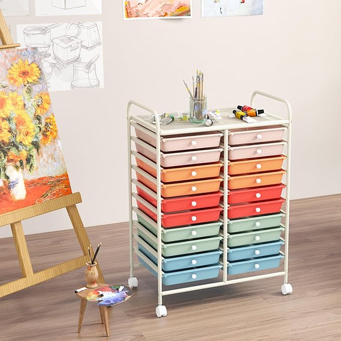 GOFLAME 20-Drawer Rolling Storage Cart, Multifunctional Art Craft Organizer Cart, Mobile Utility Storage Cart with Removable Drawers & Lockable Wheels, Craft Cart for Home Office School, Macaron Color
