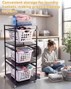 Laundry Basket Holder Shelf, 3-Tier Metal Laundry Basket Organizer with Wheels, Rolling Laundry Storage Rack for Bathroom, Bedroom & Laundry Room