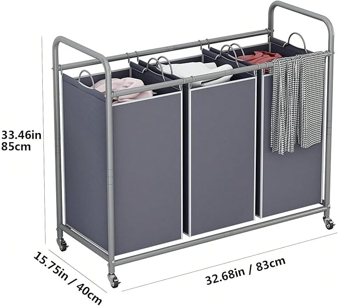 3-Bag Laundry Sorter Cart with Rolling Lockable Wheels, Removable Bags, 32.68 x 15.75 x 33.46 in, Black, Beige and Grey (Grey)