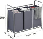 3-Bag Laundry Sorter Cart with Rolling Lockable Wheels, Removable Bags, 32.68 x 15.75 x 33.46 in, Black, Beige and Grey (Grey)