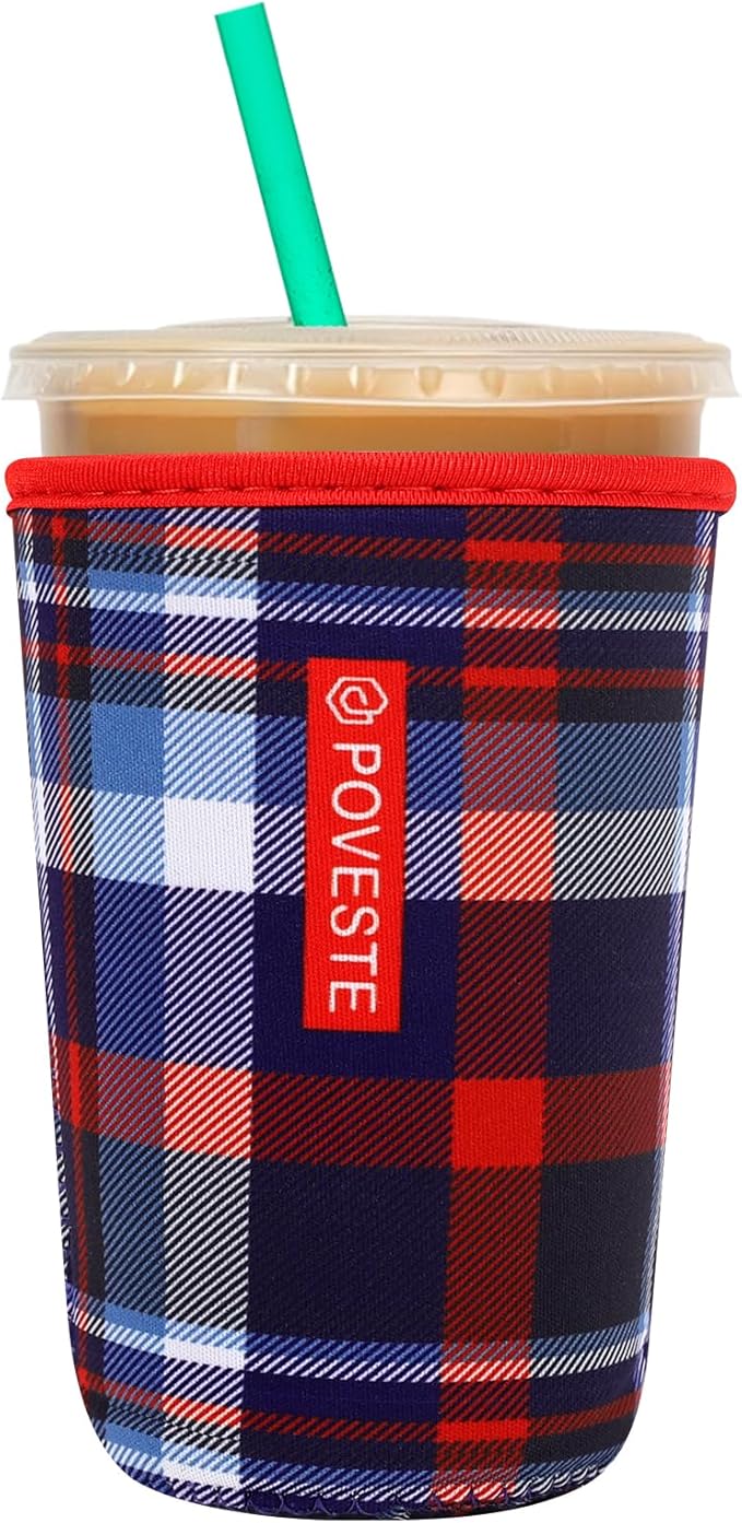 Reusable Neoprene Insulator Sleeve for Iced Coffee & Cold Soda, Coffee Sleeves for Iced & Hot Drinks, Cold Beverage Cooler Compatible with Starbucks, Dunkin (Scottish Plaid, Medium: 22-24oz)