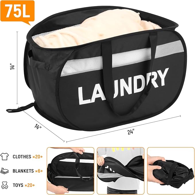 Collapsible Laundry Baskets, Tear-proof Dirty Clothes Hampers for Laundry, Foldable Laundry Basket with Dual Handles, Easy to Carry Pop Up Hamper for Bedroom, Bathroom, Dorm, Laundry Room Black