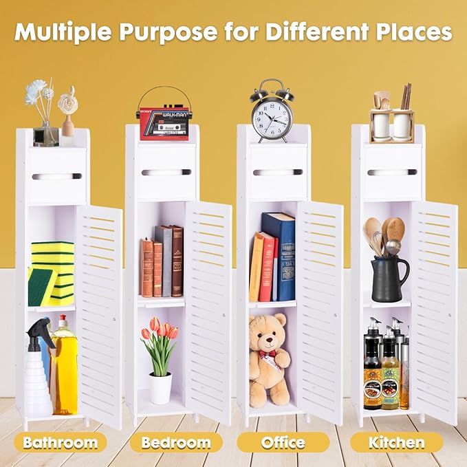 ShellKingdom Toilet Paper Holder Stand, Small Bathroom Storage Cabinet with Doors and Toilet Paper Storage, Slim Storage Cabinet for Bathroom Small Spaces Corner, 31.3 x 6.69 x 6.69 inch (White)