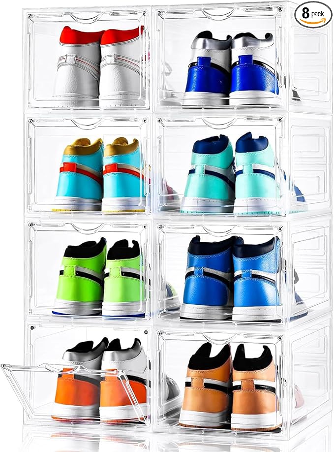 Clemate Upgraded X-Large Shoe Storage Box,8 Pack,Shoe Box Clear Plastic Stackable,Drop Front Shoe Box with Clear Door,Shoe Organizer and Shoe Containers For Sneaker Display,Fit up to US Size13