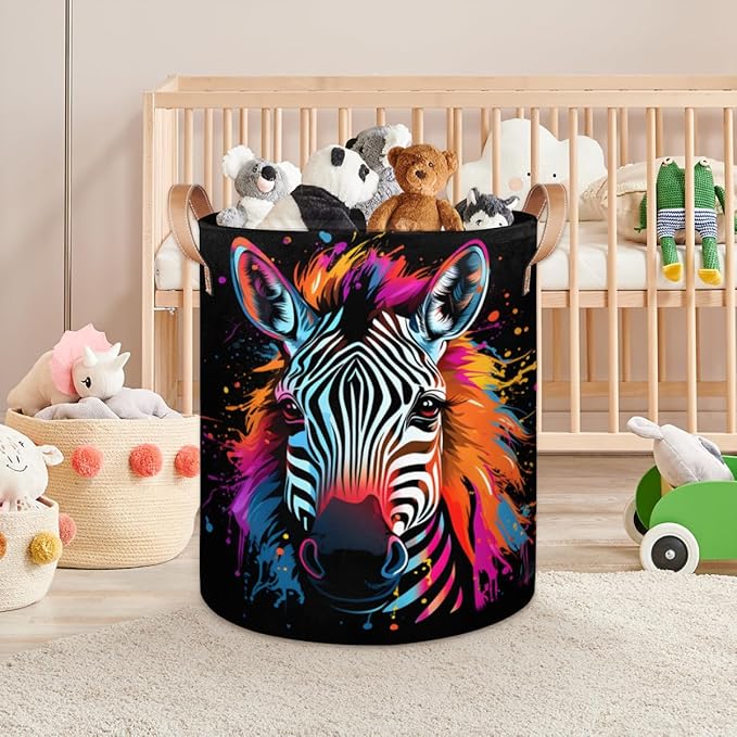Colorful Animal Zebra Collapsible Laundry Basket Large Laundry Hamper Waterproof Foldable Storage Bins Laundry Basket with Leather Handles Clothes Nursery Hampers