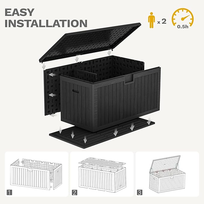 DWVO 230 Gallon Resin Outdoor Storage Box, XXL Double-Wall Waterproof Deck Box with Divider, Doubles as Table or Seating with 1000 lbs Capacity, Lockable (Black)