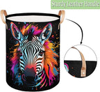 Colorful Animal Zebra Collapsible Laundry Basket Large Laundry Hamper Waterproof Foldable Storage Bins Laundry Basket with Leather Handles Clothes Nursery Hampers