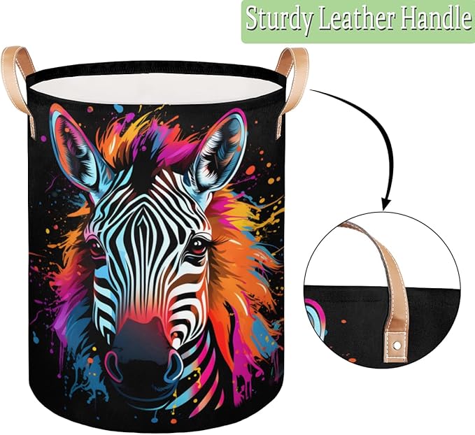 Colorful Animal Zebra Collapsible Laundry Basket Large Laundry Hamper Waterproof Foldable Storage Bins Laundry Basket with Leather Handles Clothes Nursery Hampers