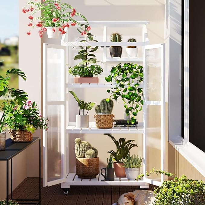 Sturdy Wooden Greenhouse for Balcony or Backyard Use with Rolling Wheels and Adjustable Shelving for Plant Growing (White + Solid Wood + Wood)