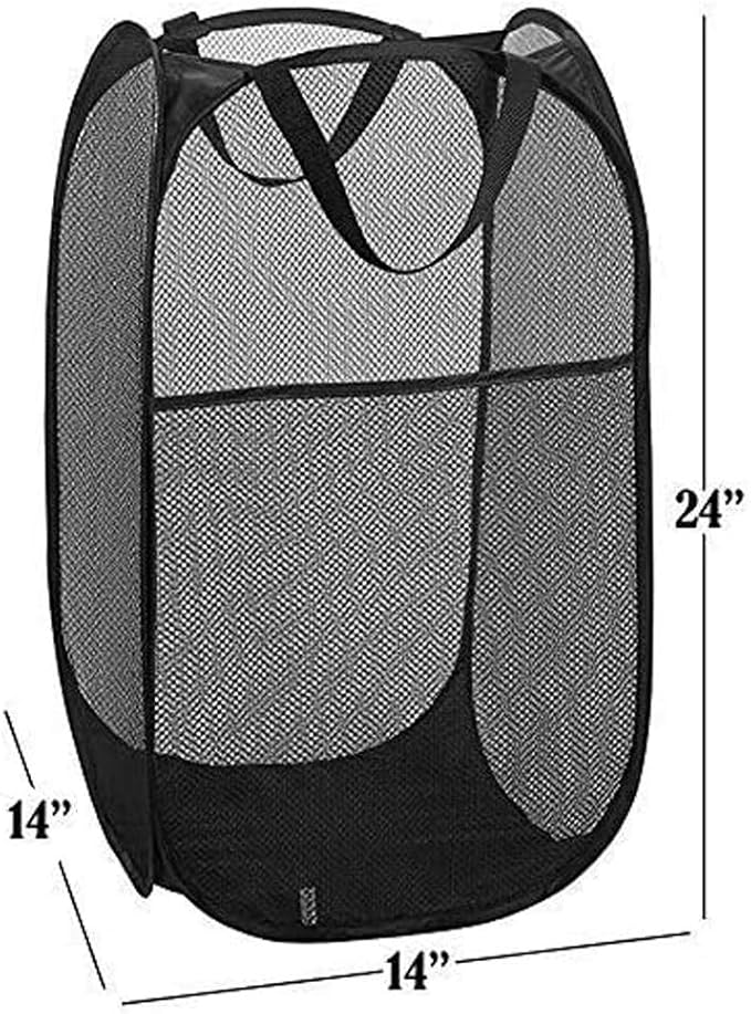 2 Packs Mesh Pop up Laundry Hamper (Black) with Portable Handles, Collapsible for Storage, Foldable Pop-Up Laundry Bags for Home, College Dorm or Travel