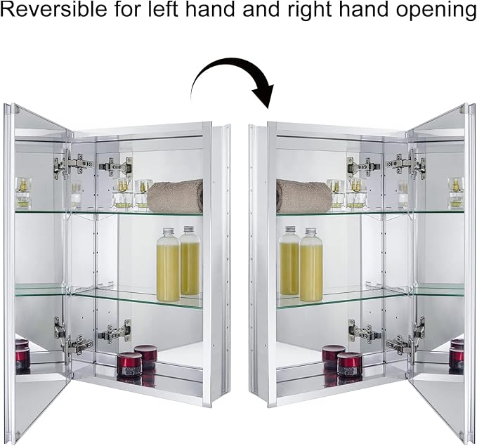 Fundin Aluminum Bathroom Mirror Cabinet Recess Mount Only, with Framless Double Sided Mirror Door, 15 Inch x 24 Inch