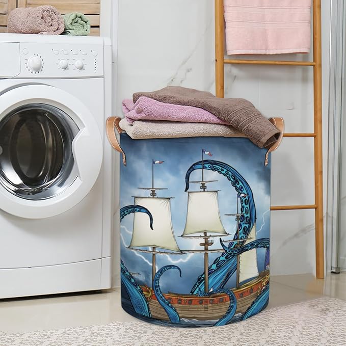 Sea Monster Octopus Collapsible Laundry Basket Large Laundry Hamper Waterproof Storage Bins with Leather Handles Clothes Nursery Hampers for Bathroom Bedroom Toy Organizer, Nautical Theme
