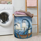 Sea Monster Octopus Collapsible Laundry Basket Large Laundry Hamper Waterproof Storage Bins with Leather Handles Clothes Nursery Hampers for Bathroom Bedroom Toy Organizer, Nautical Theme
