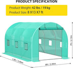 13x8x7 ft Walk-in Tunnel Greenhouse with Galvanized Steel Frame & 6 Mesh Windows, Weather-Resistant Outdoor Plant Hot House for Vegetables, Green PE Cover & Roll-Up Zipper Door