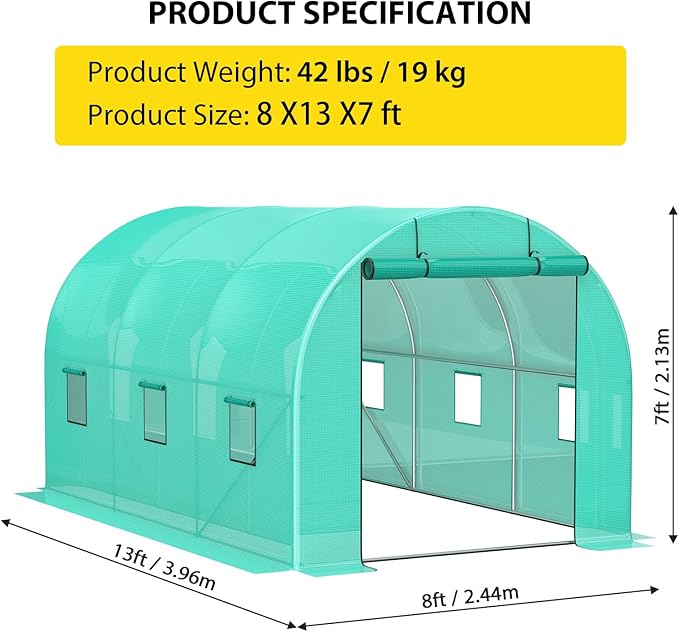 13x8x7 ft Walk-in Tunnel Greenhouse with Galvanized Steel Frame & 6 Mesh Windows, Weather-Resistant Outdoor Plant Hot House for Vegetables, Green PE Cover & Roll-Up Zipper Door