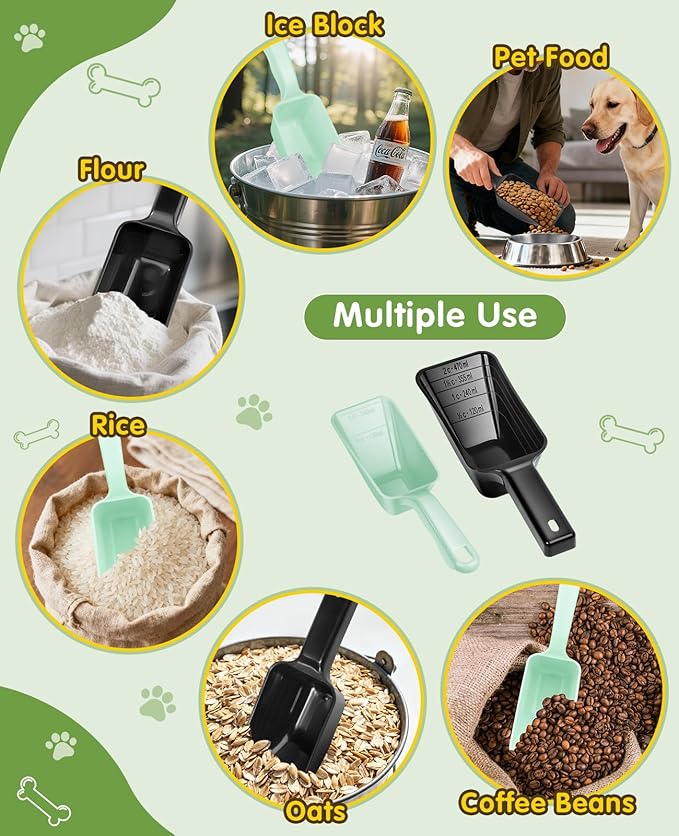 2 Pack Dog Food Scoop with 1 Cup and 2 Cup Capacity, Plastic Pet Food Measuring Scoops with Clear Measurement Lines for Dogs, Cats & More,Dishwasher safe (Green and Black)