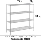 24" Deep x 72" Wide x 74" Height Wire Shelving Kit | 4-Tier | NSF Commercial Storage Rack Unit
