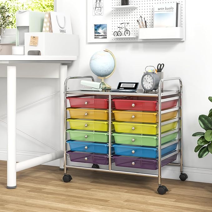GOFLAME 12-Drawer Rolling Storage Cart, Multifunctional Art Craft Organizer Cart, Mobile Utility Storage Cart with Removable Drawers & Lockable Wheels, Craft Cart for Home Office School, Rainbow