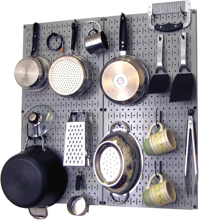 Wall Control Kitchen Pegboard Organizer Pots and Pans Storage Rack Organization Kit with Grey Pegboard and Black Accessories