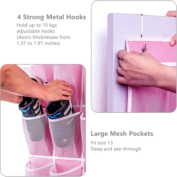 KEEPJOY 28 Pockets Hanging Shoe Organizer, Over the Door Shoe Organizer, Hanging Door Shoe Holder Rack with Mesh Pockets Large Size 65 x 23 Inch (Pink-1Pack)