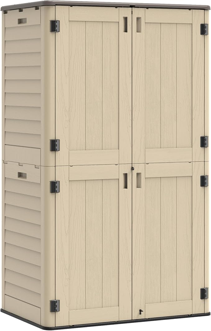 Vertical Outdoor Storage Shed, 60 Cu.Ft Resin Storage Cabinet Waterproof with Lockable Floor, All-Weather Tall Backyard Shed for Patio Furniture, Garage, Garden, Porch (Khaki)