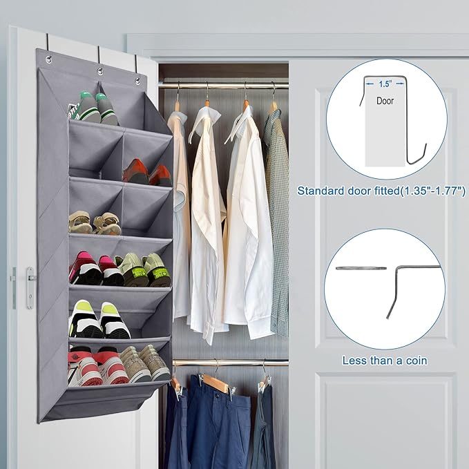 FENTEC 2 Pack Over the Door Shoe Organizer, Hanging Shoe Organizer, 6-Tier Large Deep Pockets Door Shoe Rack with 3 Hooks Shoe Organizer for Shoes, Sneakers, and Home Accessories, Grey