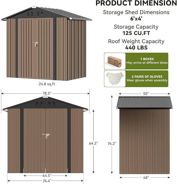 COMHOMA Shed Outdoor Storage Shed Metal,Lockable Doors Tool Sheds with Sloping Roof,Steel Garden Shed with Air Vent for Backyard,Patio,Lawn,Poolside(Brown,6'x4')