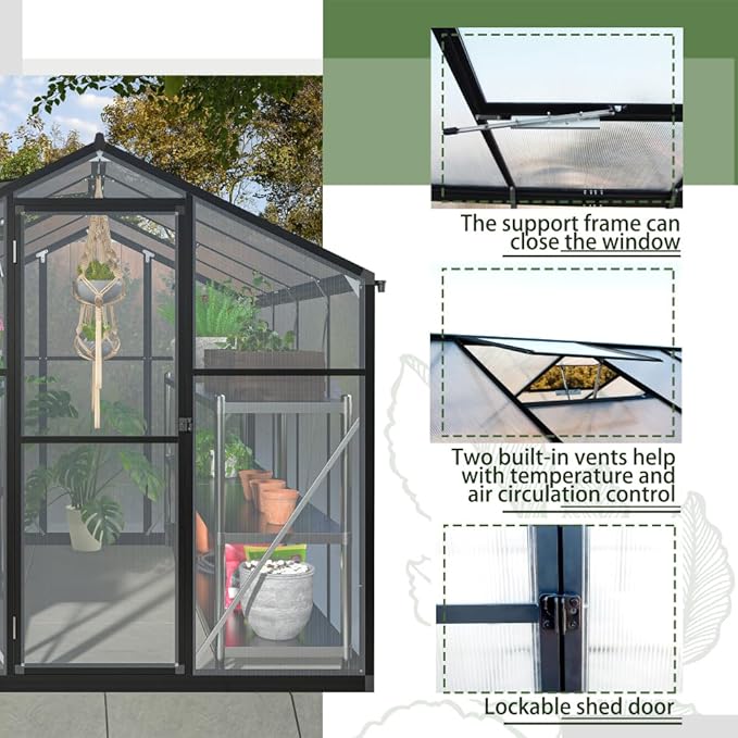 Outdoor Polycarbonate Greenhouse with Aluminum Frame, Walk-in Garden Green House Featuring Lockable Door, Adjustable Roof Vent, and UV-Protected Panels for Backyard or Patio Use (6x8 FT)