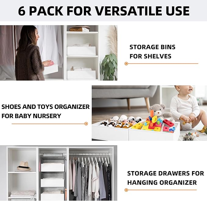 Criusia Drawer Organizer Clothes 6 Pack White- Dresser Organizer Bins for Closet Bedroom - Baby Clothes Organizers and Storage for Nursery Organization -Sock Underwear Drawer Organizer Divider