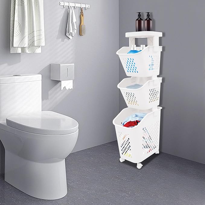 3-Tier Laundry Hamper Sorter, Rolling Laundry Baskets, Dirty Clothes Hamper for Small Space, Dorm, Closet, Bathroom (White)